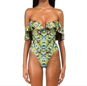 Andrea Lyamah Green Blue Carly Off Shoulder Ruffled One Piece Swimsuit Coastal